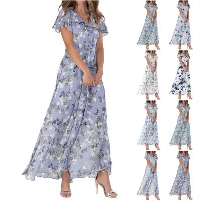 Cute Floral Maxi Dresses for Women Summer Casual Wedding Guest Chiffon Flowing Short Sleeve Dresses