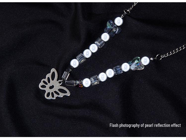 Urban Hip Hop Pearl & Crystal Reflective Stainless Steel Necklace - Titanium Clavicle Chain for Couples