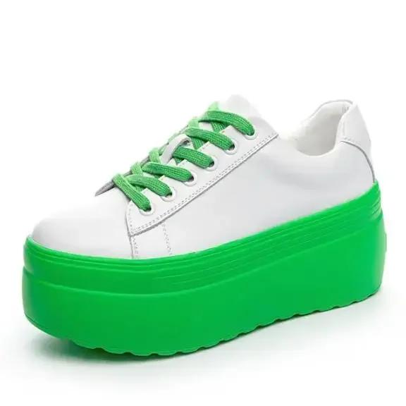 Fashion High quality 8cm Super High Platform Wedge Sneakers Genuine Leather Shoes Women Spring Autumn Green White Shoes Summer Sneakers