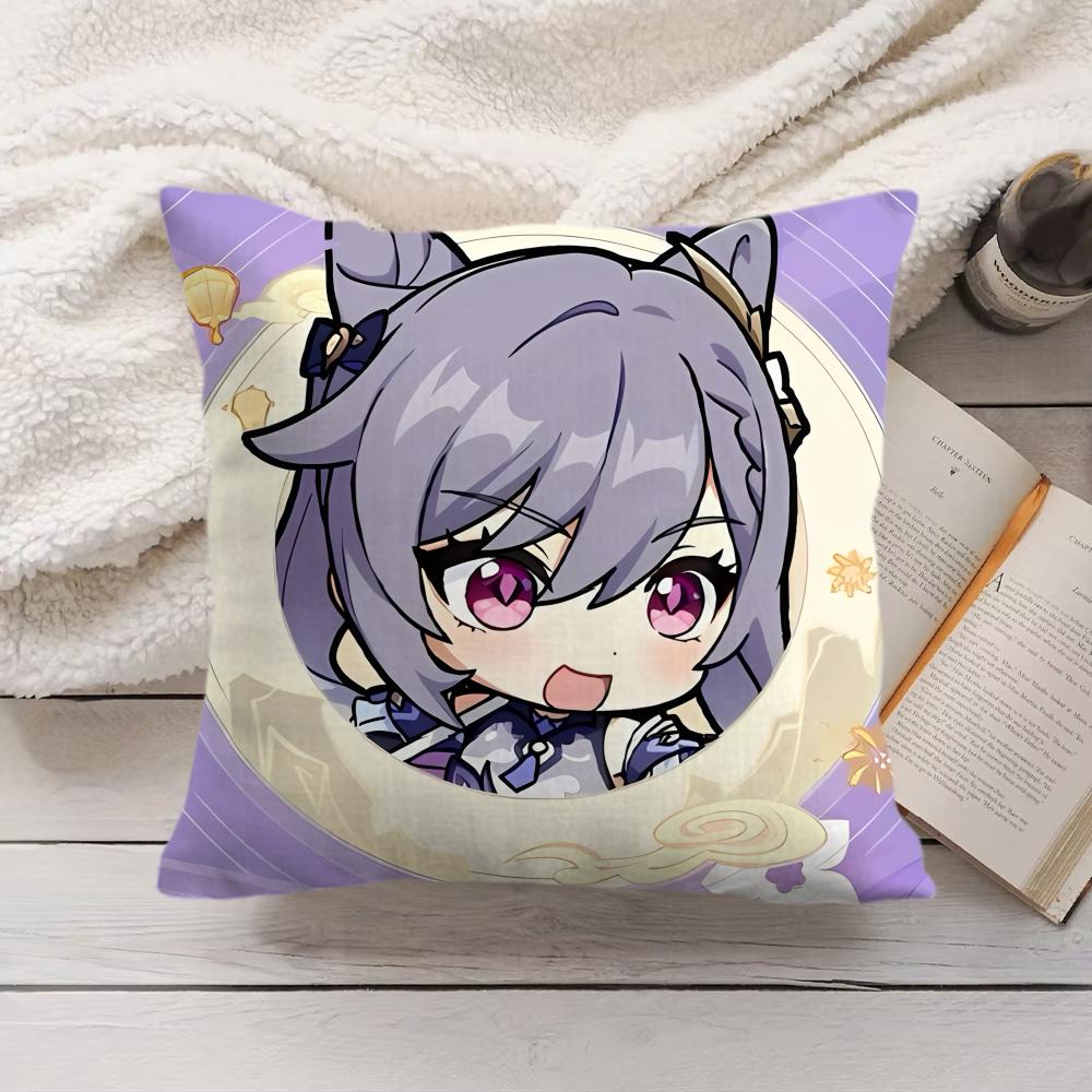 Keqing Cute Genshin Impact Cushion Cover Silky Short Plush Invisible Zipper Dustproof Sofa Pillow Case For Home Decor