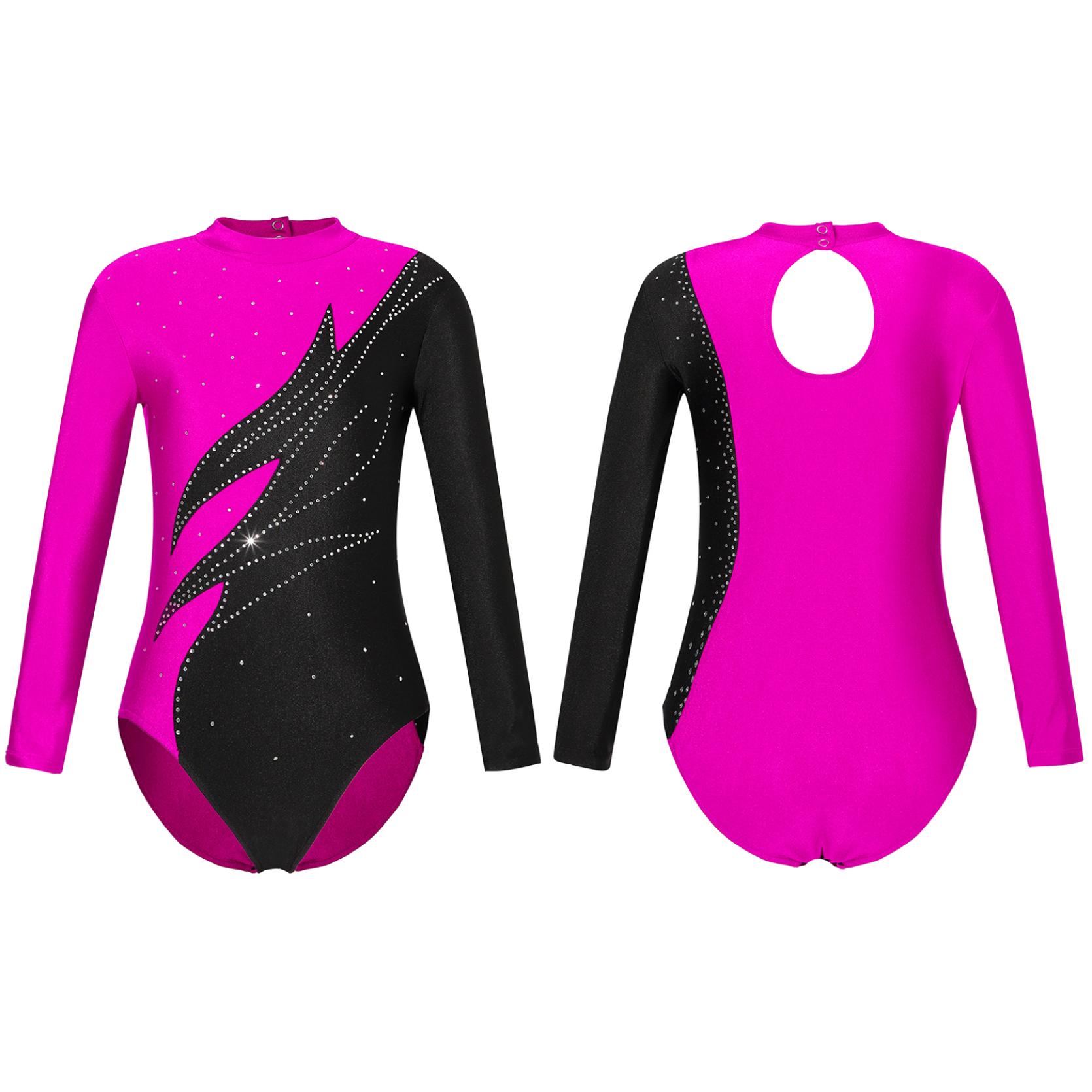 

Гимнастический купальник с длинными рукавами для девочек, боди для спортивных танцев с блестящими бусинами и пламенем 5-6 Years горячий розовый