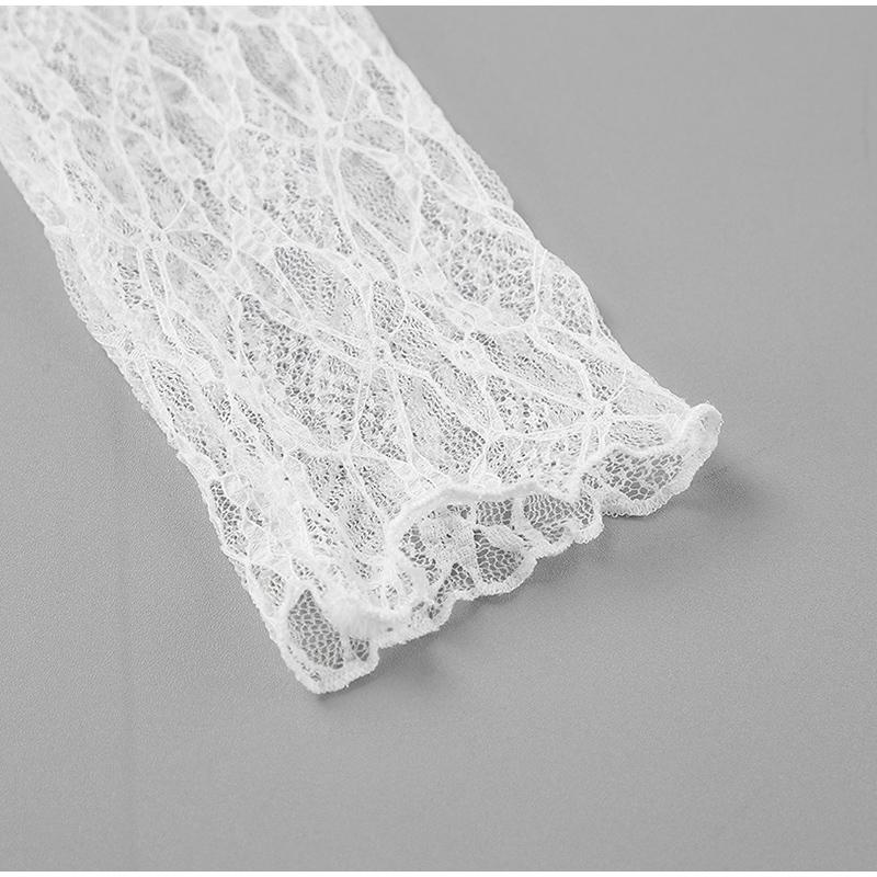 Spring and Summer Fashionable and Sexy 2-Piece Temperament Transparent Satin Lace Long Sleeved Top and Low Waist Skirt Set