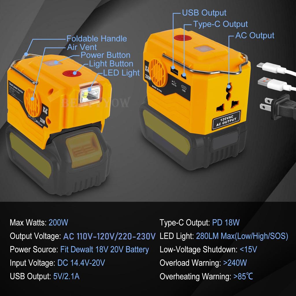 DC 20V to AC 110/220-230V Power Inverter Compatible with Dewalt 20V Max Battery 200W Portable Modified Sine Wave Power Converter