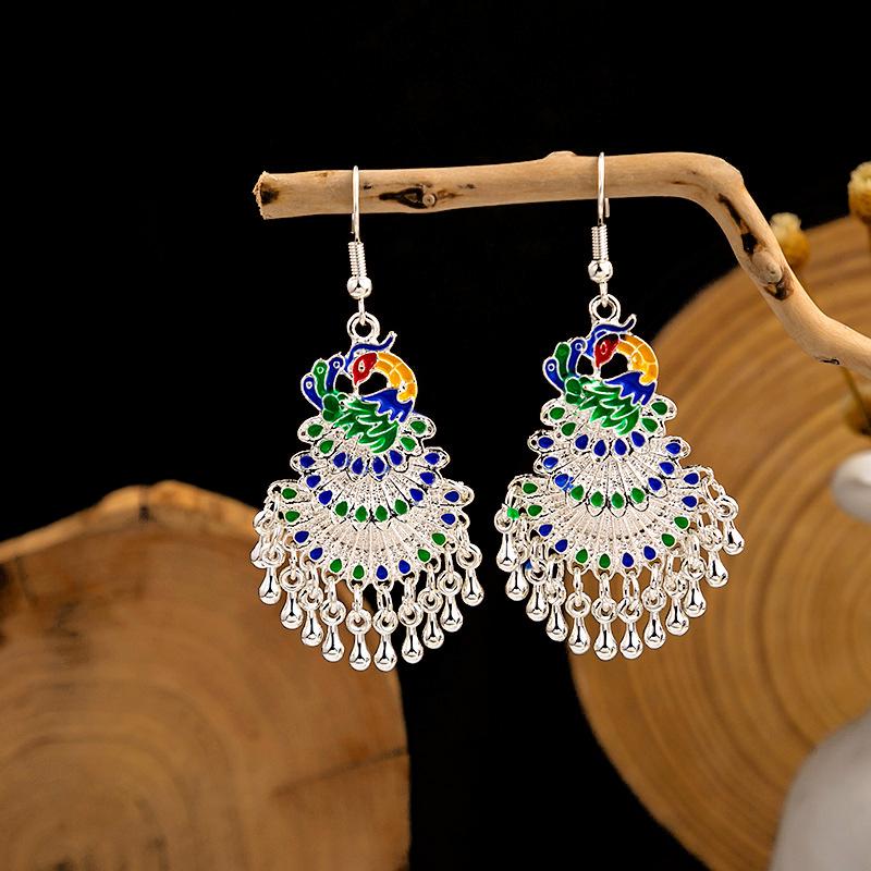 Cloisonné Pfau Ohrringe: Miao Silber Phönix Totem Glockendesign, Beliebt an landschaftlich reizvollen Orten