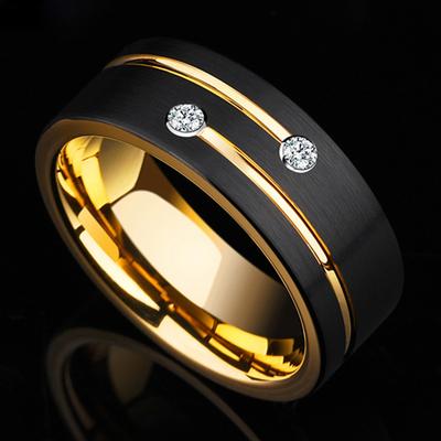 Luxury Mens 8mm Black Tungsten Carbide Gold Ring Diamond Wedding Band for Men's Engagement Party Jewelry Gift