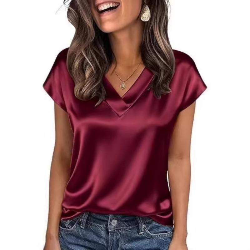 Women's Satin V Neck Blouse Elegant Solid Color Cap Sleeve Casual Office Top