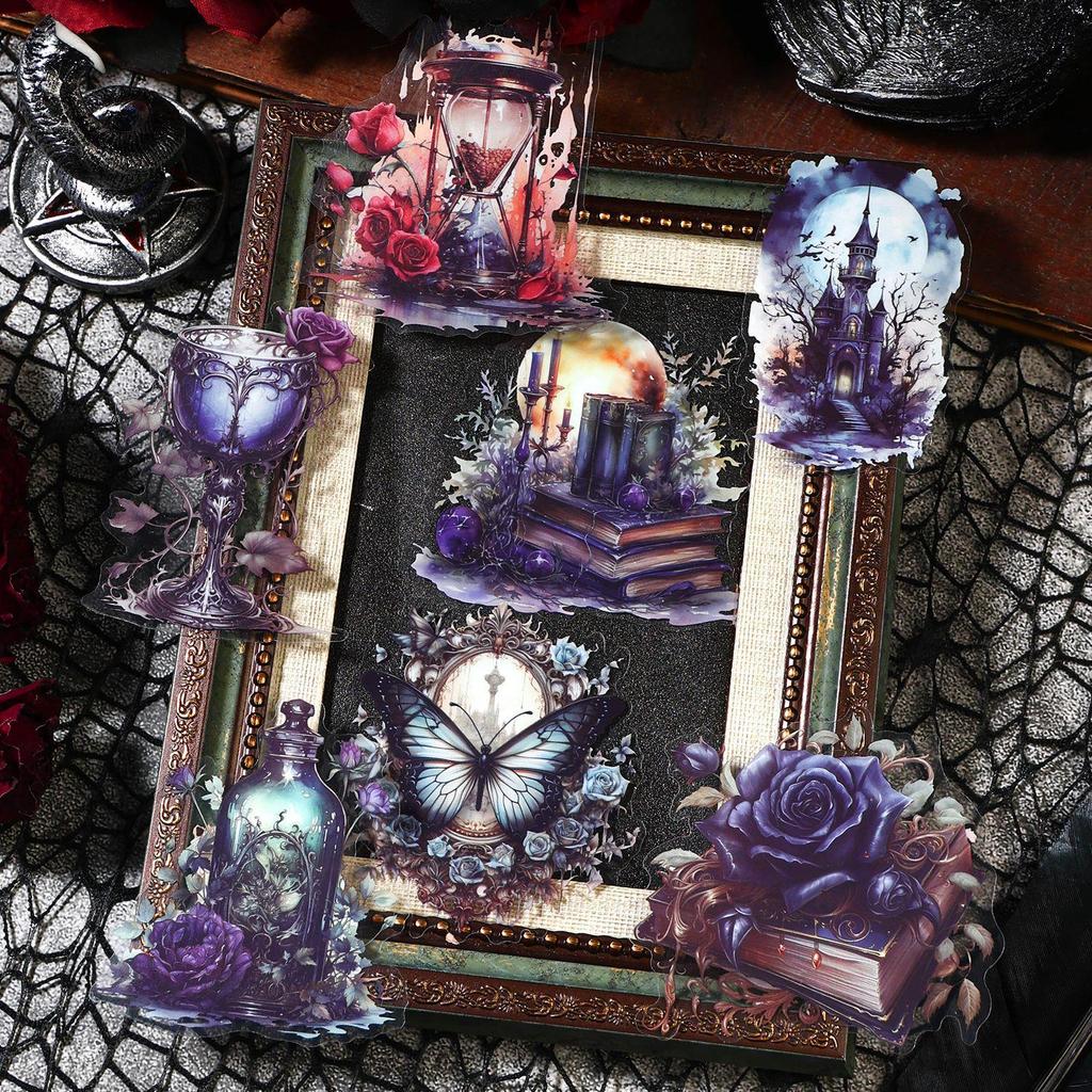 Sombra da Floresta Gu Gu: Adesivos de Jornal Retrô Gótico Sombrio - Colagem Floral