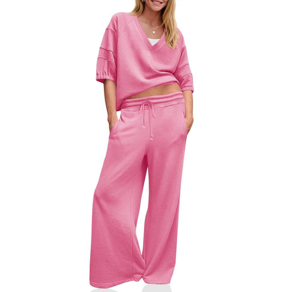 Women's Two-piece Casual Solid Color Ribbed Long Sleeved Sweatshirt And Pants Set