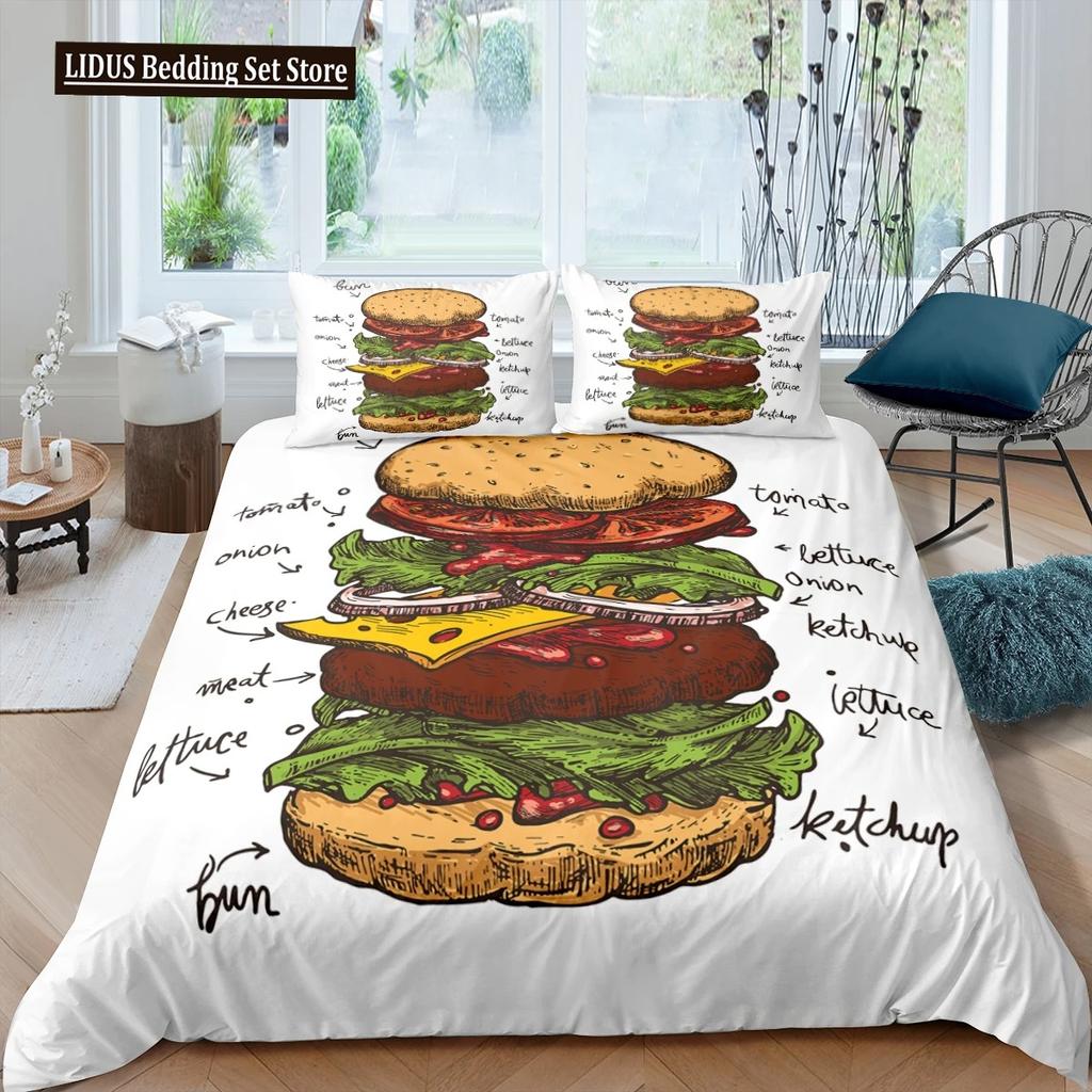 Amerikanisches Fast Food Bettbezug Set Doppelgröße Pizza Hotdog Bettdeckenbezug Hamburger Print Bettwäsche Set Pommes Quiltbezug