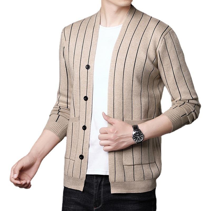 Men's Knitted Cardigan Autumn New Striped Knitted Sweater Youth Casual Fashion Outer Wear Real Pocket Jacket