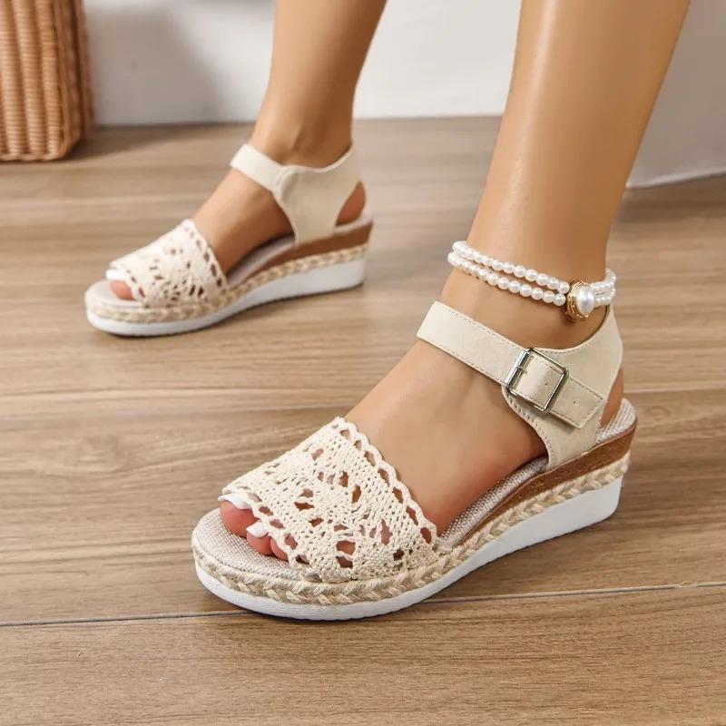 Women's Platform Sandals Fashion Embroidered Canvas Sandals New Breathable Mesh Sandals Women Wedge Heel Sandal Sandalias Mujer