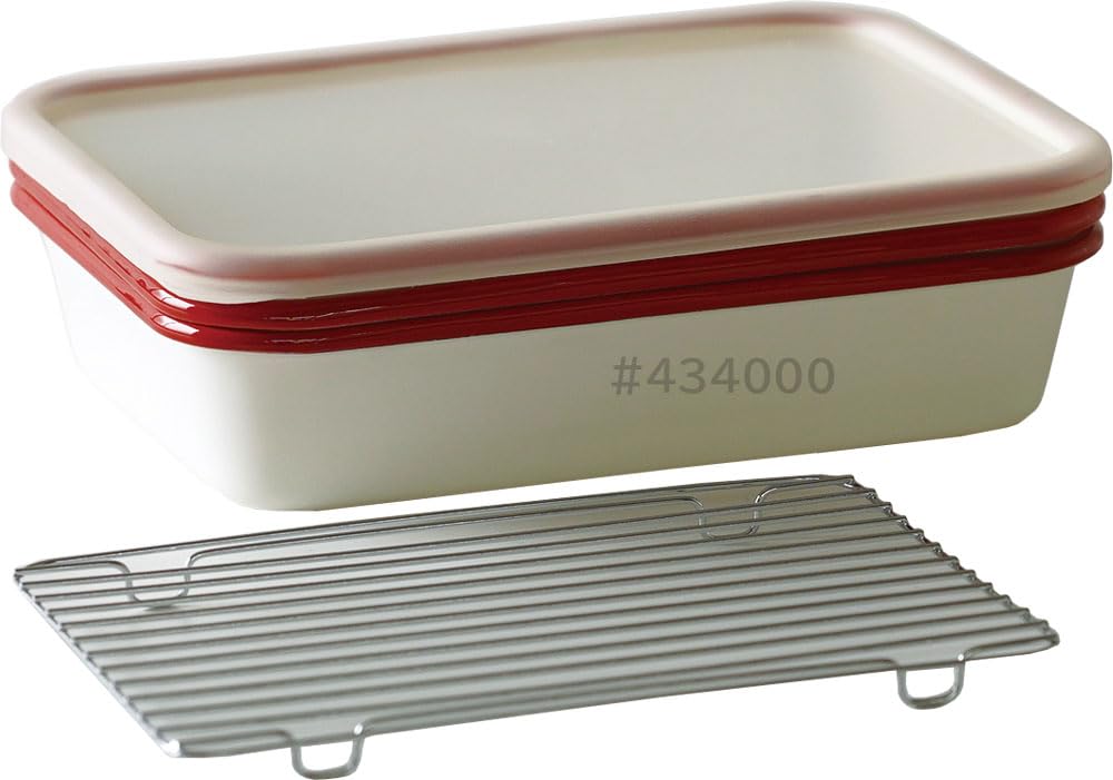 

Набор из 5 глубоких эмалированных противней для жарки Fuji (3 поддона, реечная полка и крышка) Можно мыть в посудомоечной машине и использовать в духовке, Эмалированные контейнеры для хранения, Красные и белые