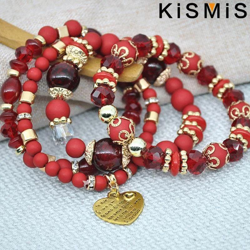 Boho Crystal Bead Bracelets for Women Elastic Heart Letter Bangles Wristband Yoga Jewelry Gift Set 4Pcs