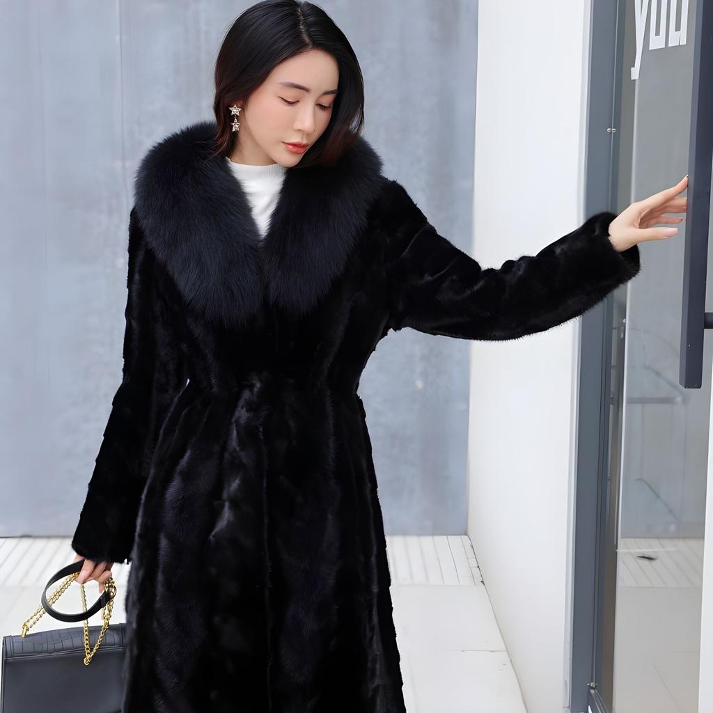 100% Genuine Mink Fur Coat for Women Fox Fur Collar Mink Fur Coat for Women Knee-length Mink Coat Send Mom and Wife Gift
