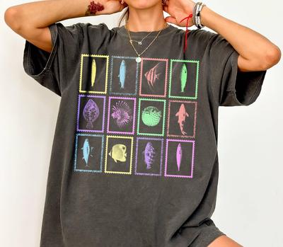 Vintage Fish Stamp T-Shirt, Retro Ocean Life Tee, Fisherman Lake Outfit