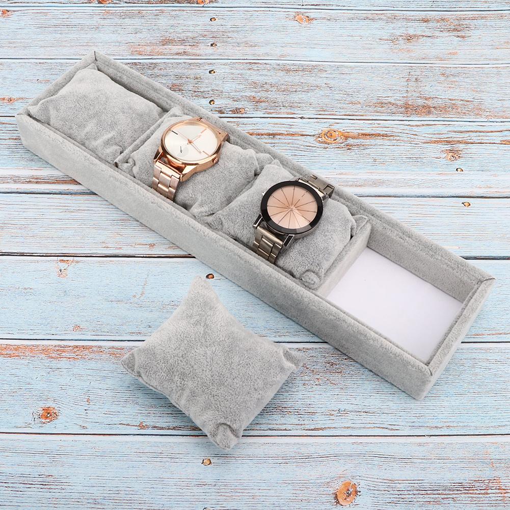 Gray Watch Bracelet Display Tray 4 Grid Slots Holder with Pillows Jewelry Storage Organizer