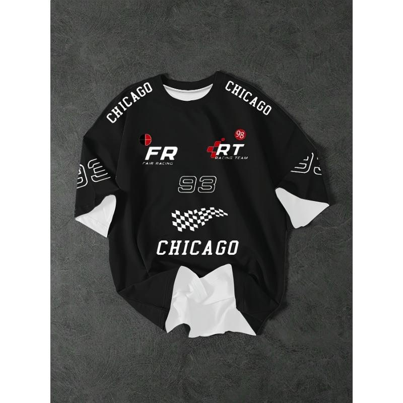 Men'S Retro Racing Pattern Short Sleeve T-Shirt - Breathable Polyester, Chicago Street Style Logo Design