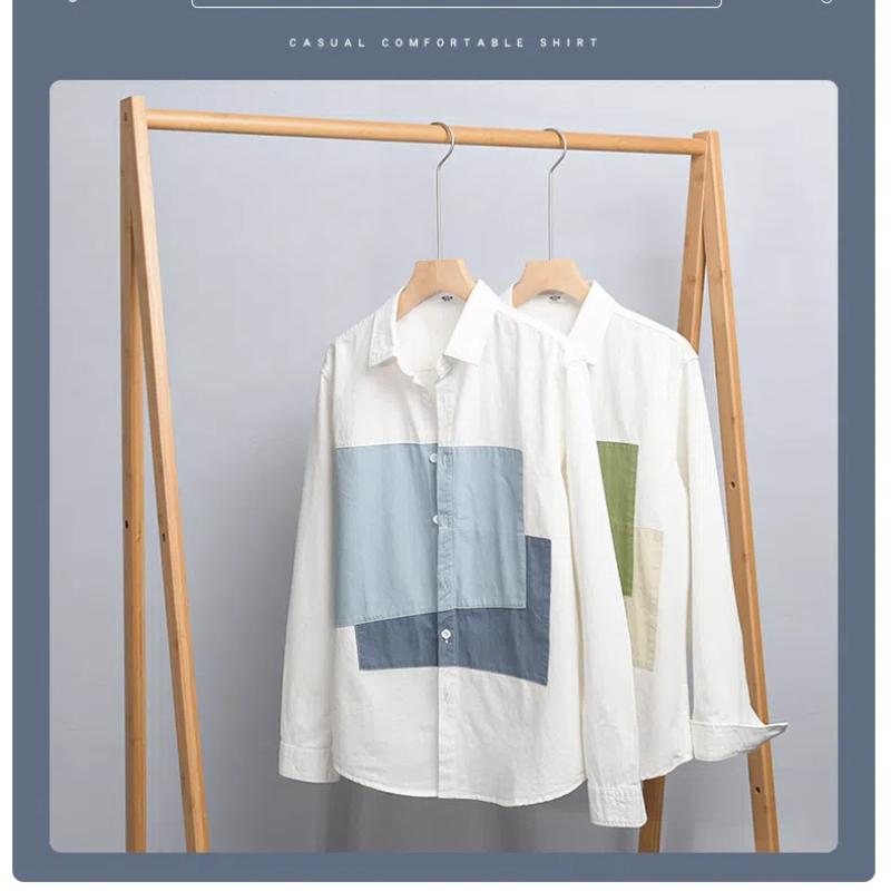 Korean Style Long Sleeve Men Shirt Lapel Collar Stitching Design Shirts Youth Pure Cotton Casual Shirt Comfortabl Men Tops Slim Fit