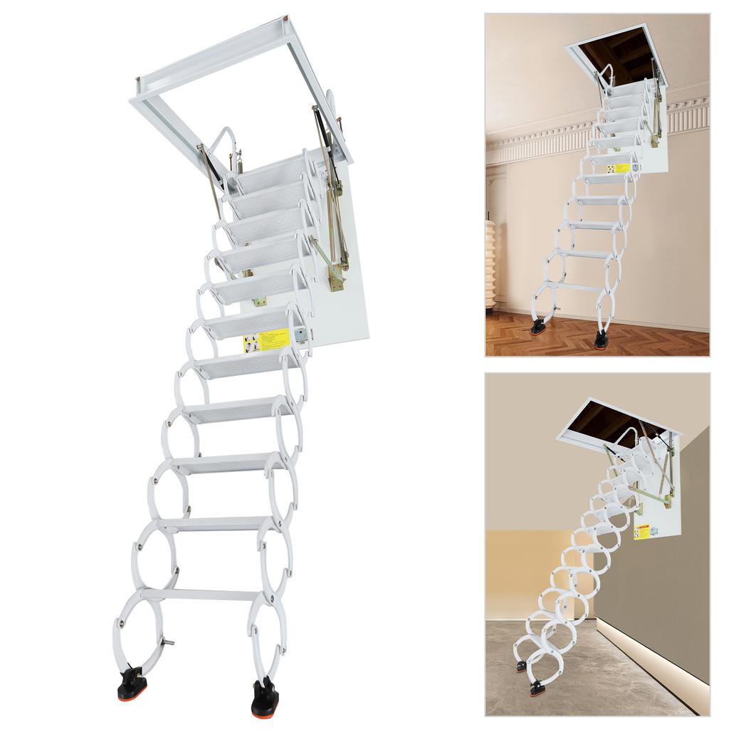 11 Steps Cold-rolled Steel Attic Ladder,70x100cm White/Blue Wall-Mounted Folding Stairs for Flat Roofs
