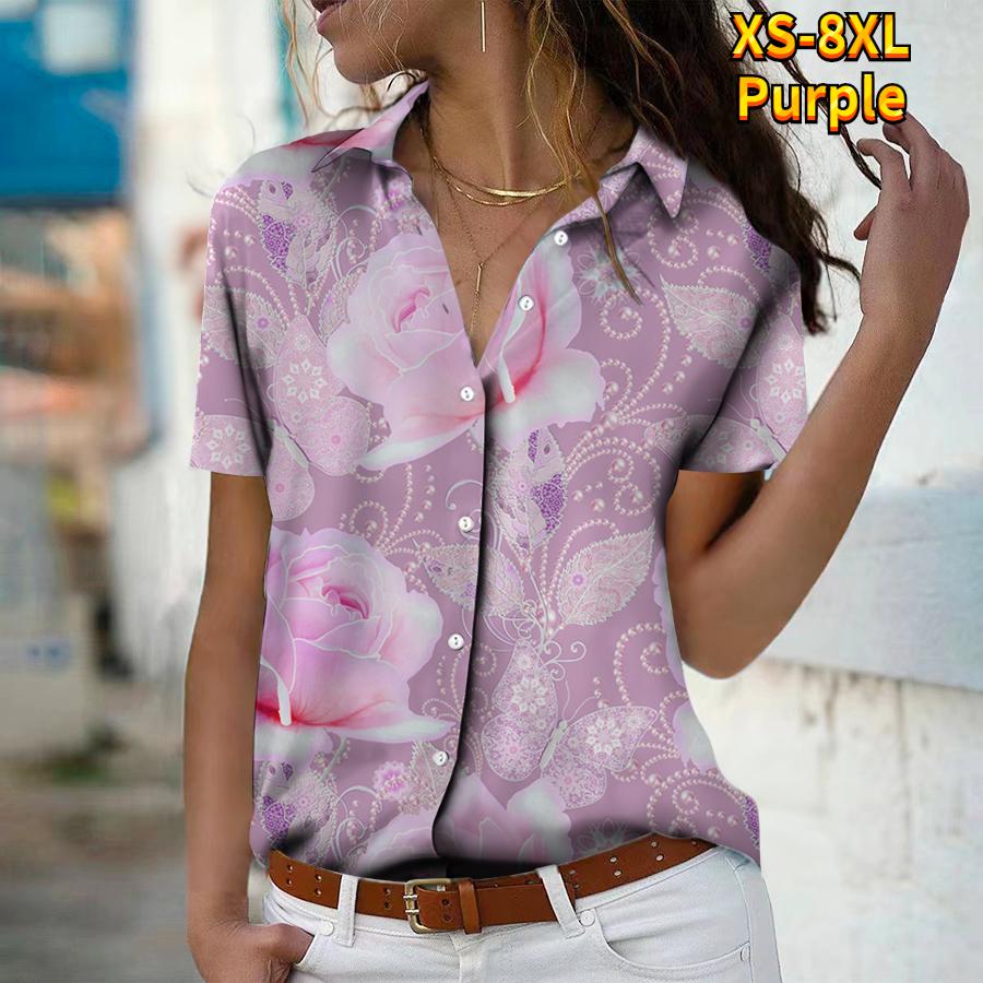 2025 Léto Nová Móda Dámská Květinová Krátký Rukáv Výstřih do V Ležérní Halenka s Knoflíky