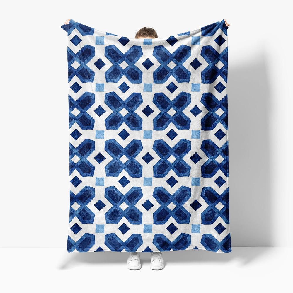 Blue Geometric Quilted Throw Blanket Sofa Bed Decorative Throw Blanket for Living Room Bedroom Home Decor 75X95CM