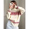 Sweter damski dzianinowy w stylu retro świątecznym czerwony z okrągłym dekoltem pulower jesienno-zimowy nowy styl pogrubiony z geometrycznym wzorem top