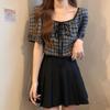 Checkered Short Sleeved Women's Tops French Retro Square Neck Lace Up Blouse Sweet Versatile Ladies Clothing