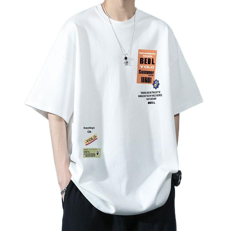 

Men Multi Sticker Print T Shirt Short Sleeve Crew Neck Oversized Casual Streetwear Top for Men S білий