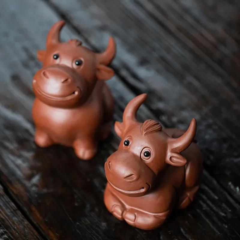 Yixing Purple Clay Tea Pet Cute Cattle Statue Decors Handmade Tea Figurine Sculpture Ornaments Chinese Tea Set Accessories