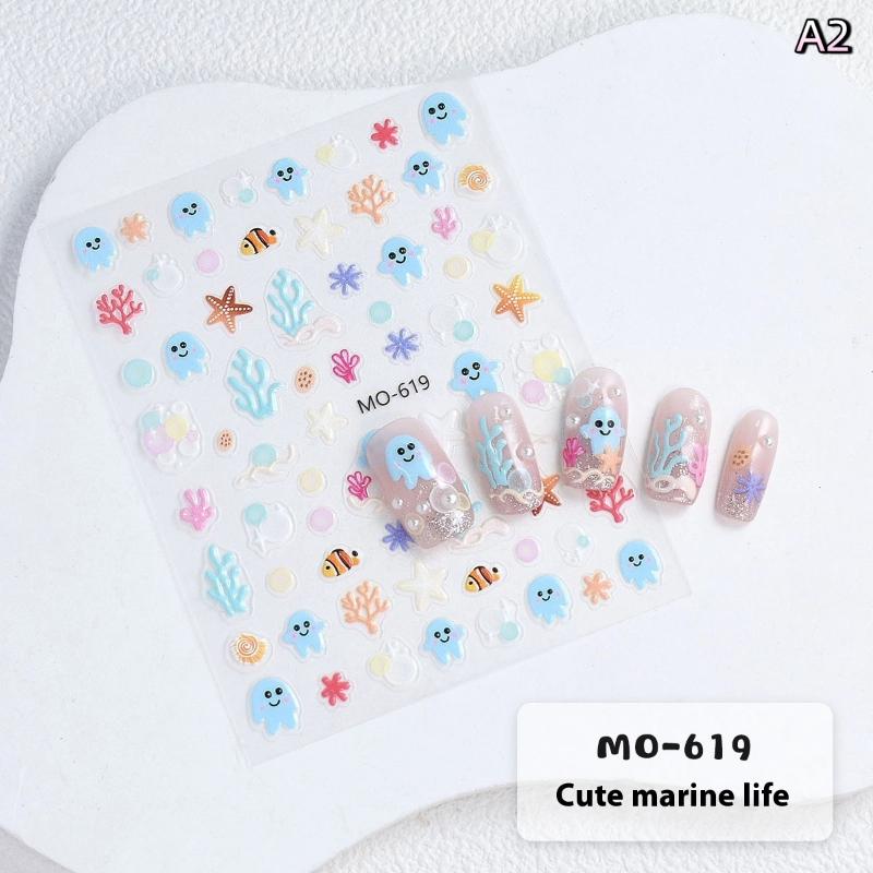 3D Summer Cartoon Nail Stickers Embossed Starfish Octopus Coral Sea Beach Theme Nail Decals for Nail Art Decoration