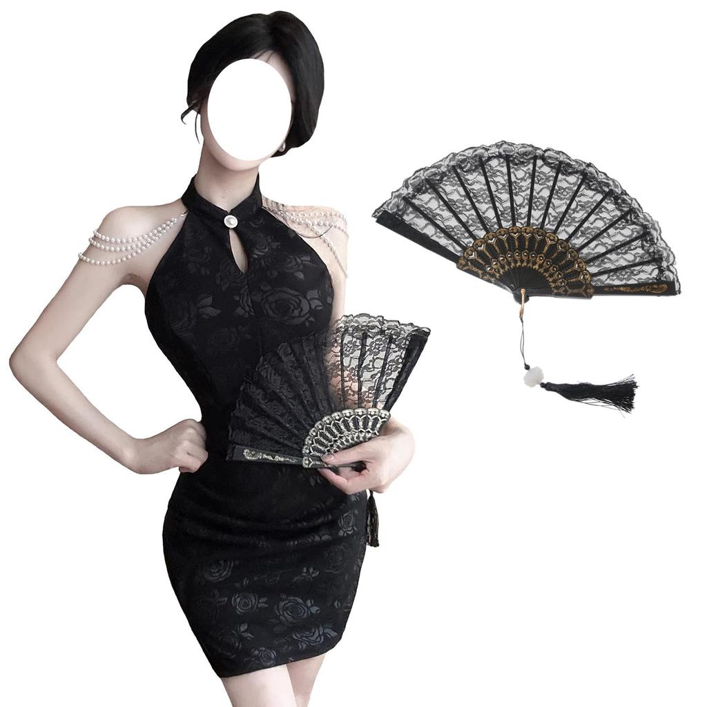 KLGIRL Cheongsam Kleid mit Enges Mini Chinesischer Stil Rose Halloween Gothic Lolita Foto Größe M Damen Fächer, A-Linien-Kleid, Kleid, Druck, Kostüm,