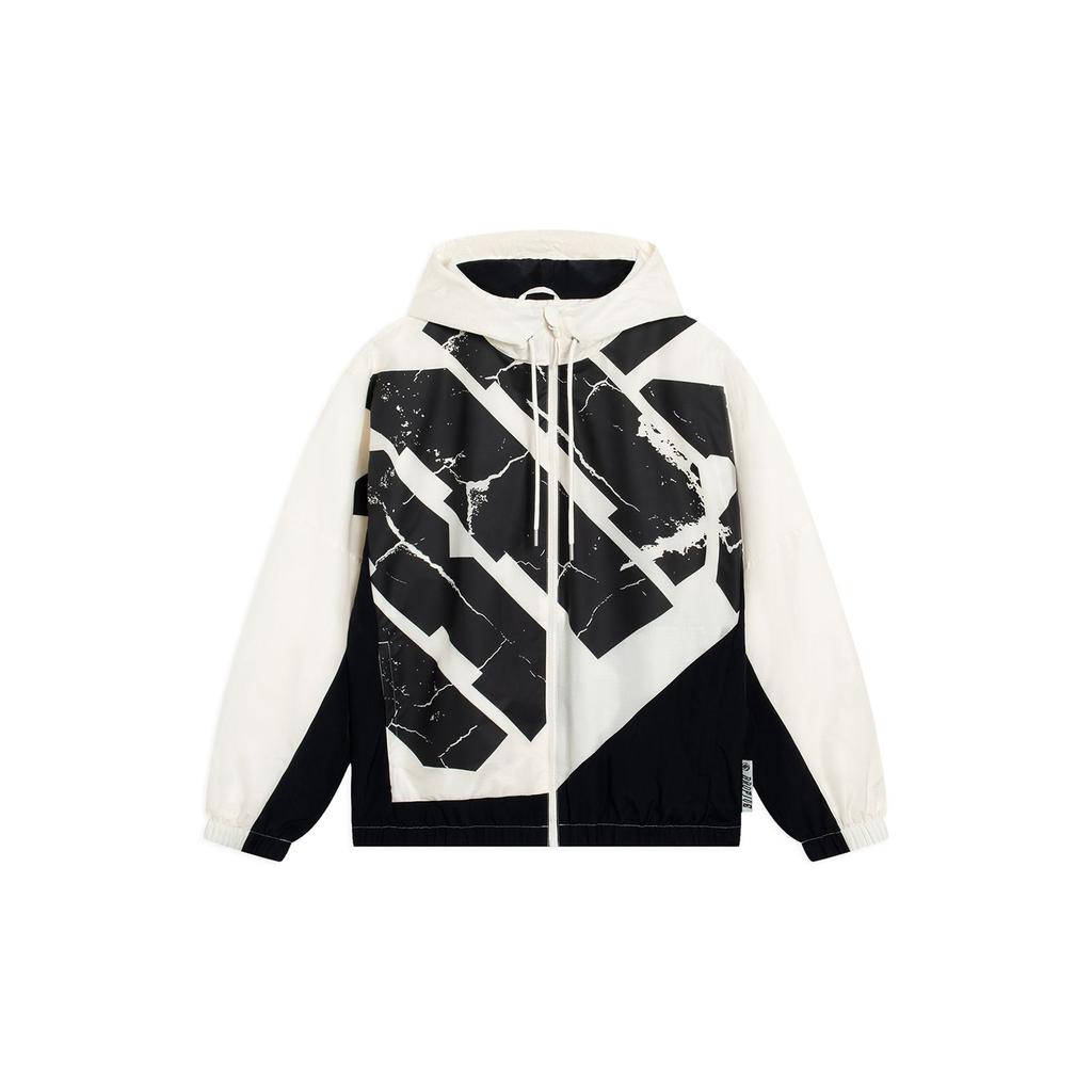 Li-Ning Contrast Stripe Print Zip-Up Hooded Woven Warm Loose Long Sleeve Jacket Men Jackets Off-White AFDT059-3