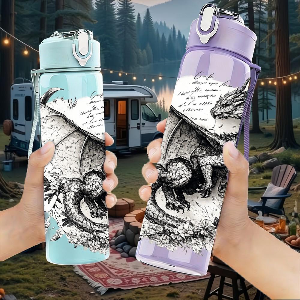 1PC Dragon Sketch Black Ink Art Print 750ml Color Plastic Sports Water Bottle Leakproof Flip Straw Lid Suitable for Sports Office Home Use