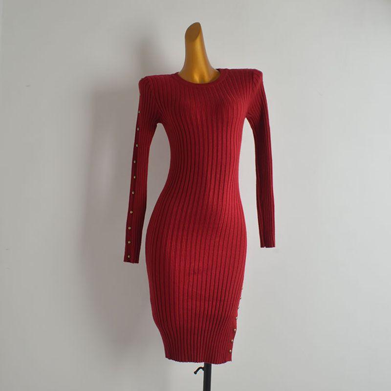 

French Style New round Neck Bead Long Sleeve Knitting Dress Women s Clothing Fall/Winter Slim Slimming Slit Mid-Length Bodycon Dress Red All yards
