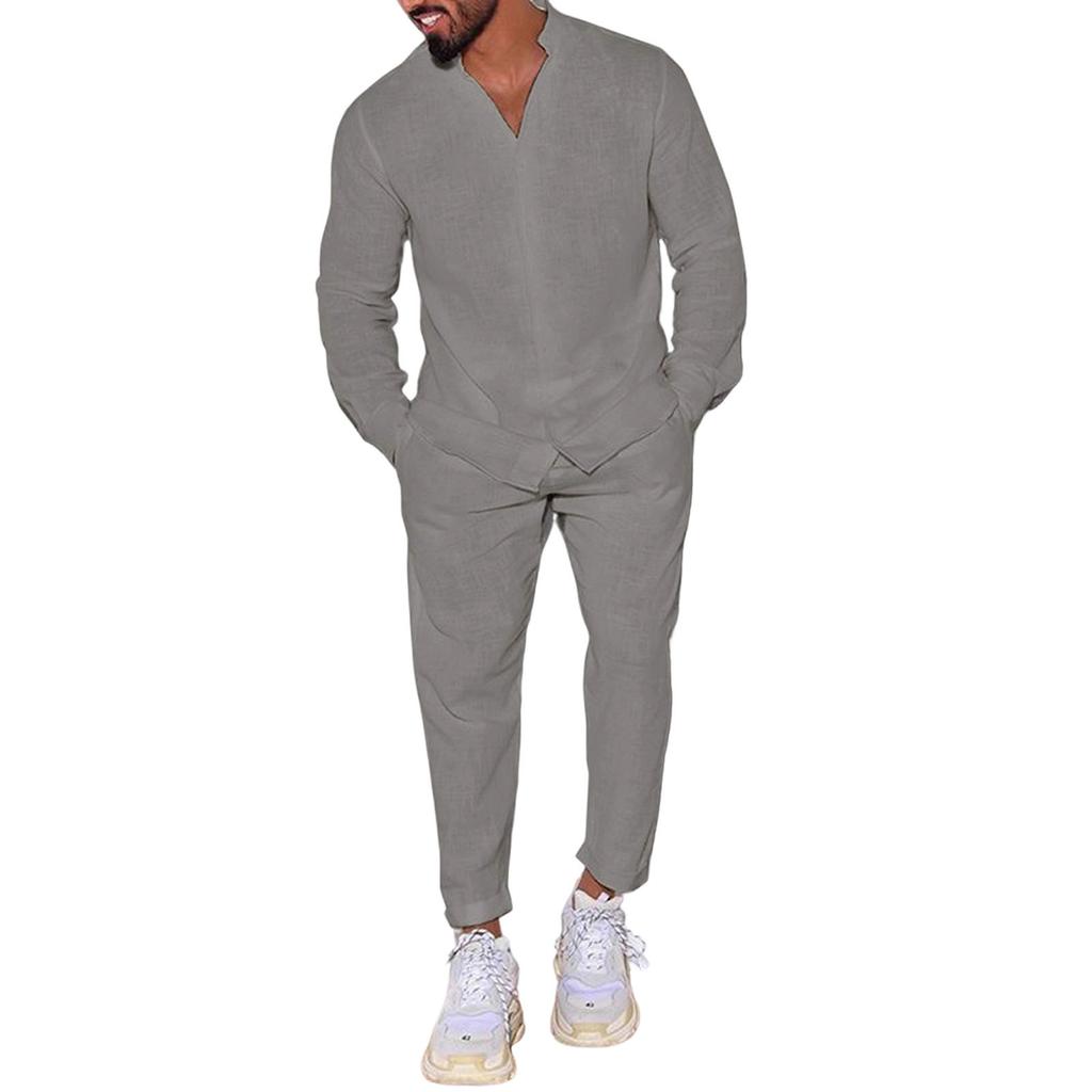 Men's  Leisure  Fashion  Flax  Long  Sleeves  Workwear  Trousers  Two  Pieces  Set