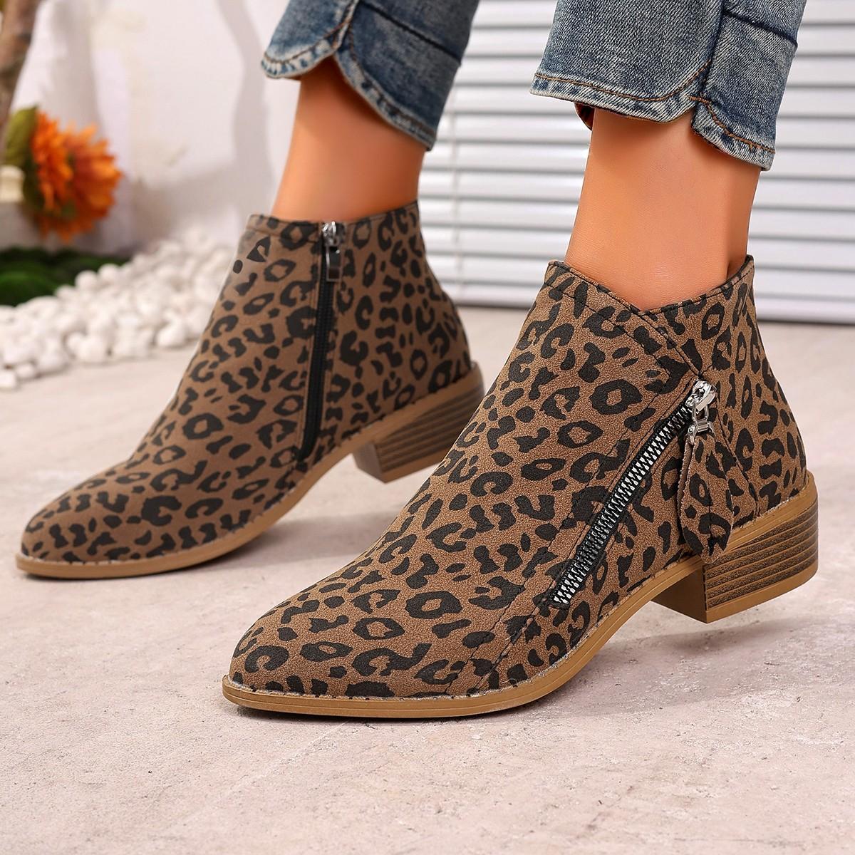 

Women s Wide Width Leopard Print Chelsea Boots, Pointed Toe Side Zipper Ankle Boots, Suede Chunky Heel Booties for Women 42