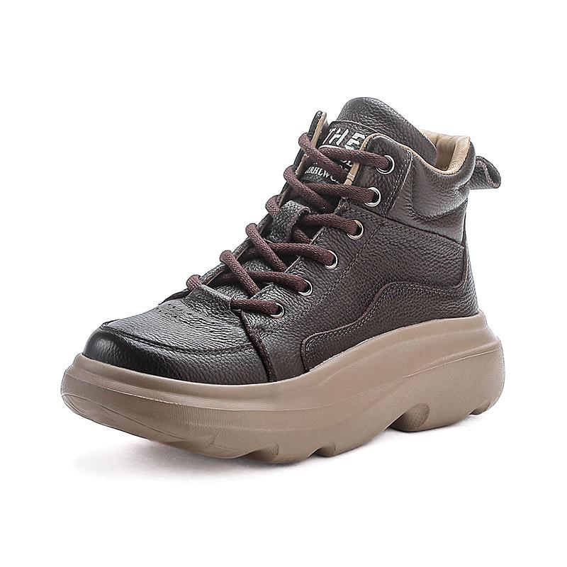 Dame Vintage Kuskinn Høye Ankelstøvletter med Tykk Såle og Rund Tå - Høst/Vinter Kolleksjon.