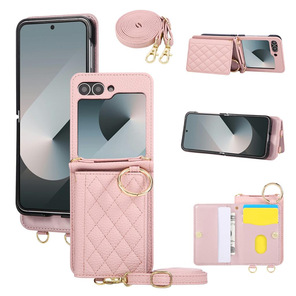 For Samsung Galaxy Z Flip7 FE 5G/Z Flip6 5G Case Kickstand Rhombus Leather+TPU Phone Cover with Shoulder Strap