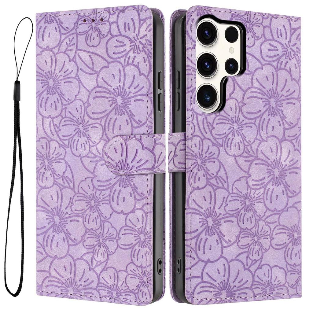 For Samsung Galaxy S24 Ultra Flip Case Cherry Blossom Pattern Leather Wallet Stand Phone Cover with Wrist Strap