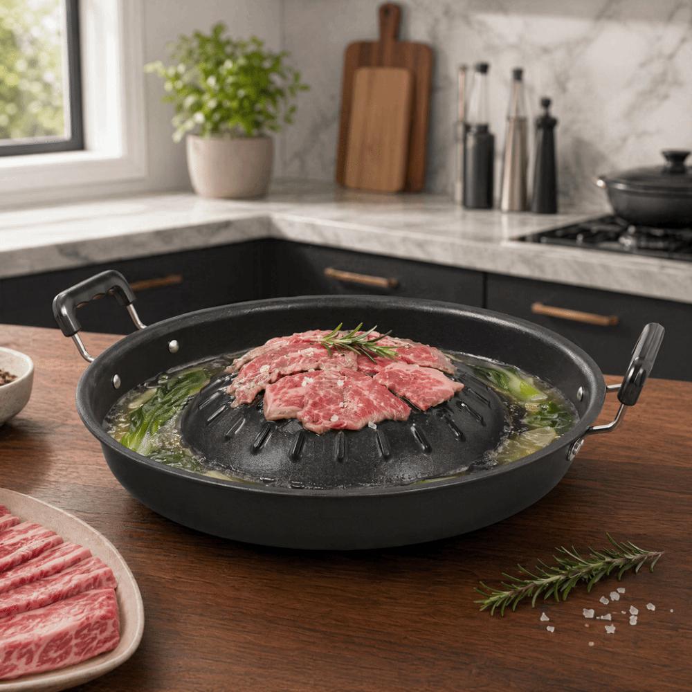Black Hot Pot Grill Pan Round Round Thai Style BBQ Durable Grill Pan with Side Home Cooking