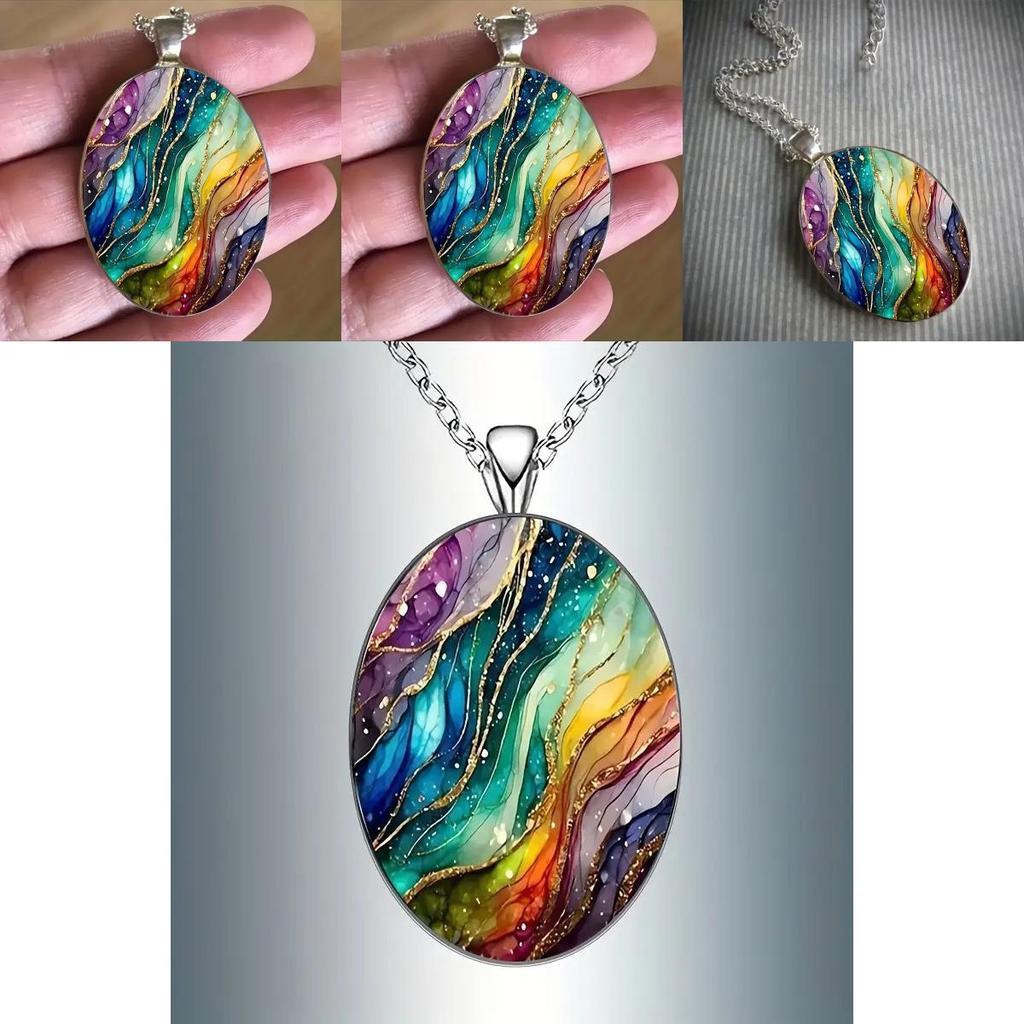 Unique Dreamlike Wave Glass Pendant Necklace With Zinc Alloy Chain For Gift Giving