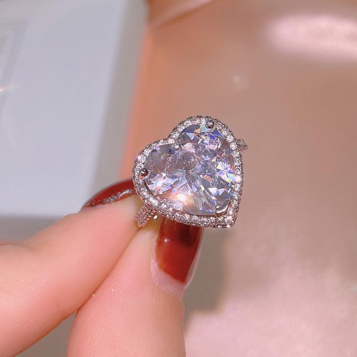 2026 Heart Zircon Set Vintage Personality Ring Necklace Earrings Peach Heart Three-piece Jewelry