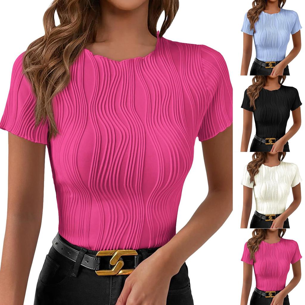 Women's Solid Color Round Neck Slim Short Sleeve T-shirt Top