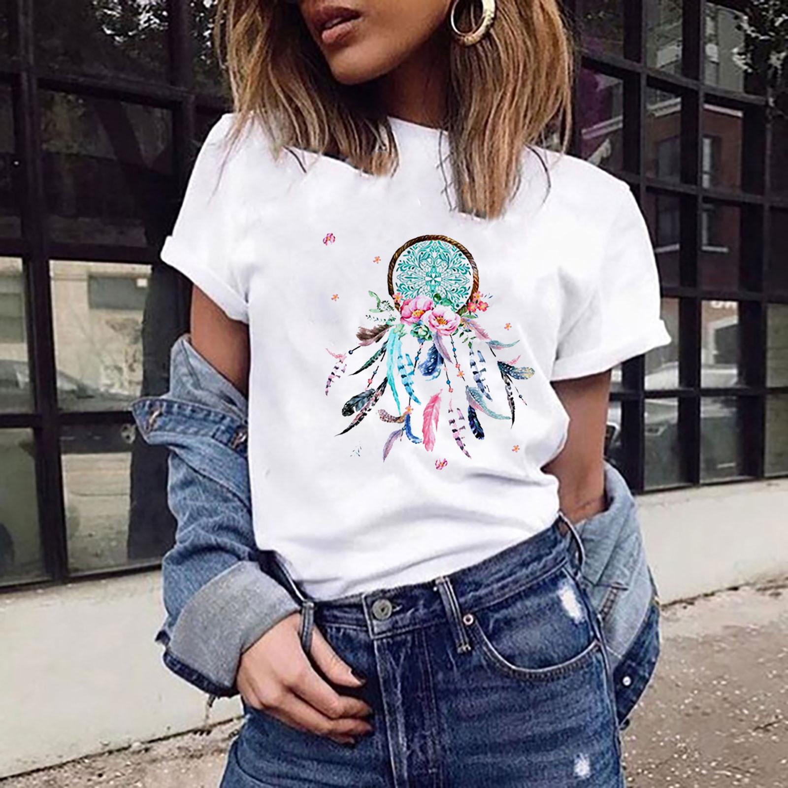 

Women Flower Dreamcatcher T-Shirt Blouse Summer Streetwear Tops M белый
