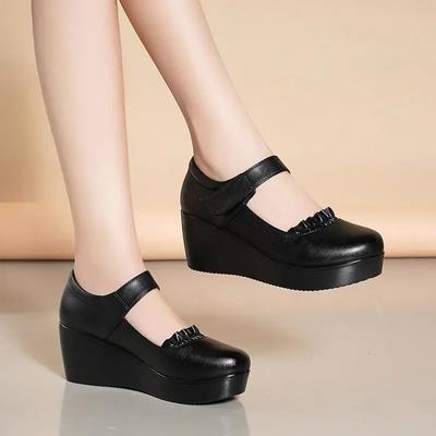 2024 Slope Heels Women's Mid To High Heels Autumn New Mid To Old Age Mom's Shoes Round Toe Cake Thick Sole Work Women's Shoes