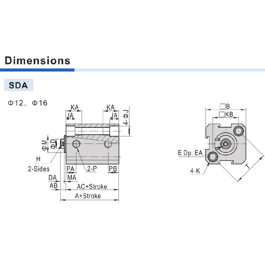Square Air Pneumatic Cylinder SDA Double Acting Compact Cylinder SDA12 16 Bore 12 16mm Stroke 5-50mm Female /male Thread