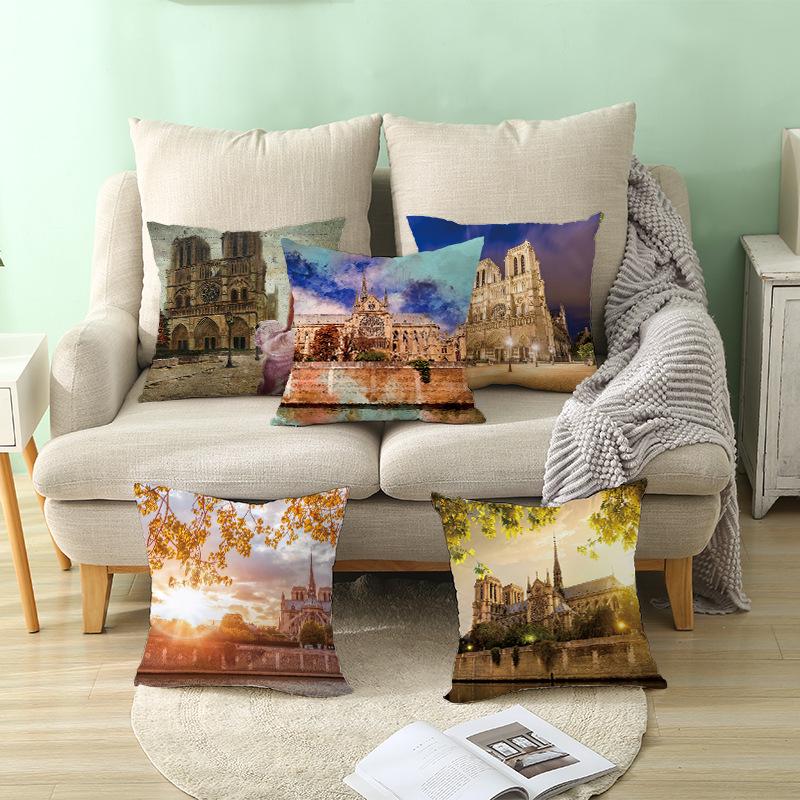 Notre Dame Cathedral French Landscape Pillow Cover European Print Cushion Waist Pillow Cover