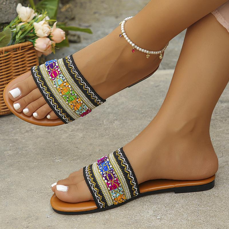 Fashion Bohemian Style Low Heel Slippers for Women Ethnic Mixed Color Open Toe Slides Ladies 2025 Soft Bottom Summer Slippers Mujer
