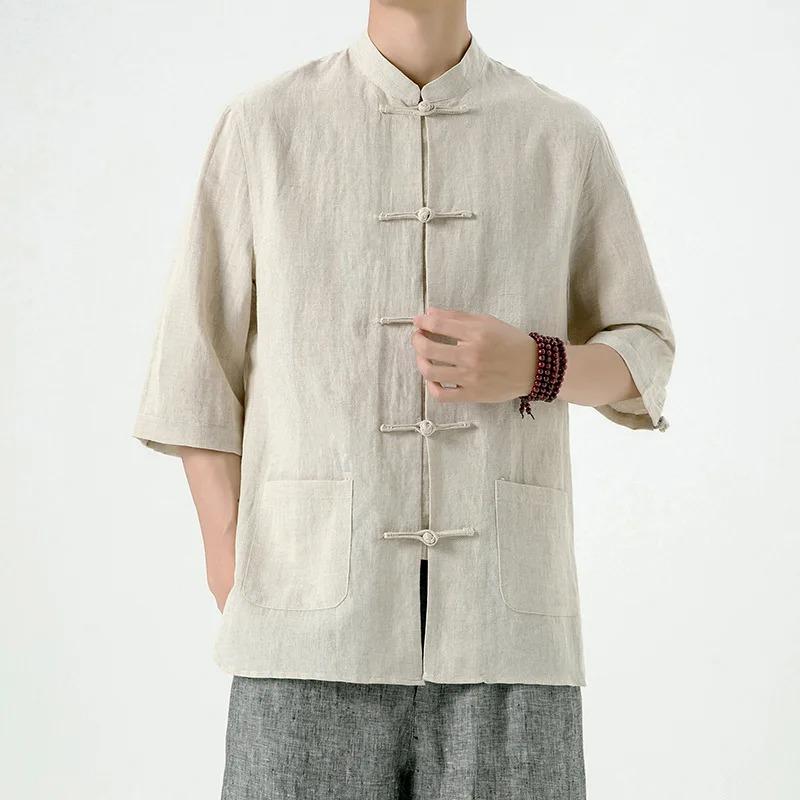 Chinese Style Mens Linen Summer Shirt Retro Stand Collar Half Sleeve Chinese Kong Fu Suit Men Hanfu