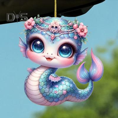 Mermaid Snake Car Pendant Acrylic Flat Decoration for Christmas Hanging Pendant Tree Cute Cartoon Mermaid Lover Gift for Xmas